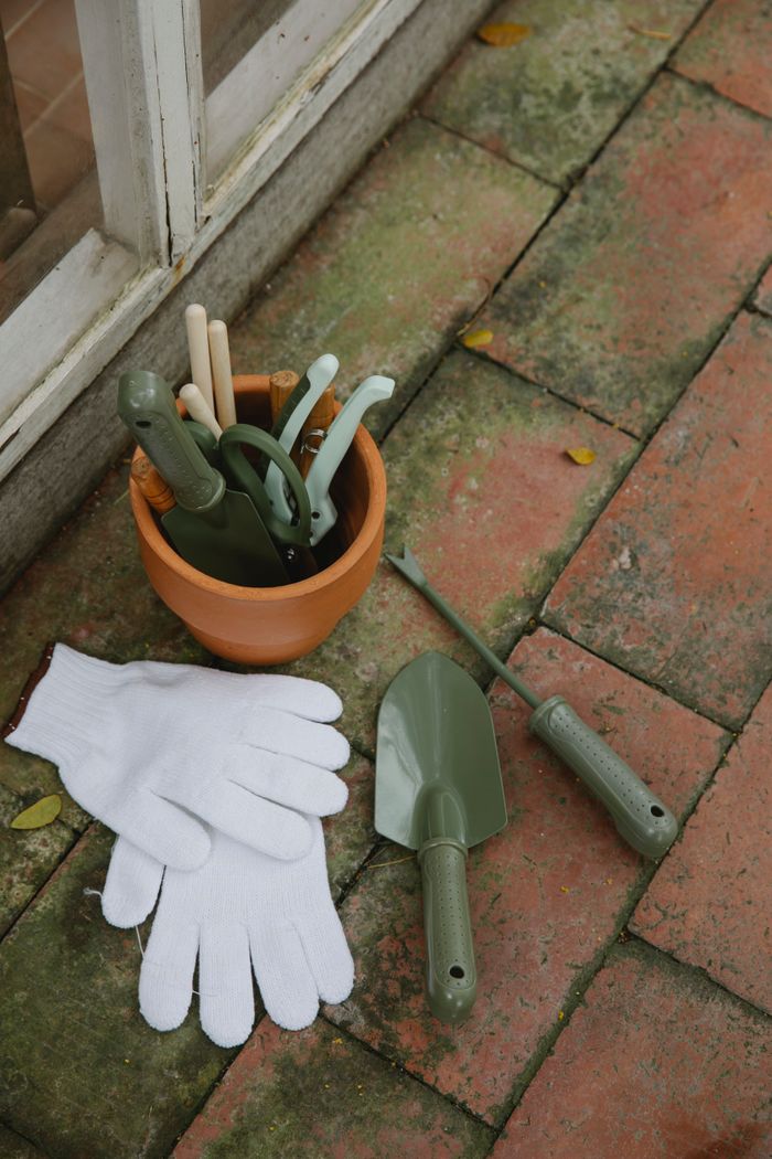 why-choose-us From above of various gardening instruments including shovel hoe pruner placed on tilled floor near pair of gloves