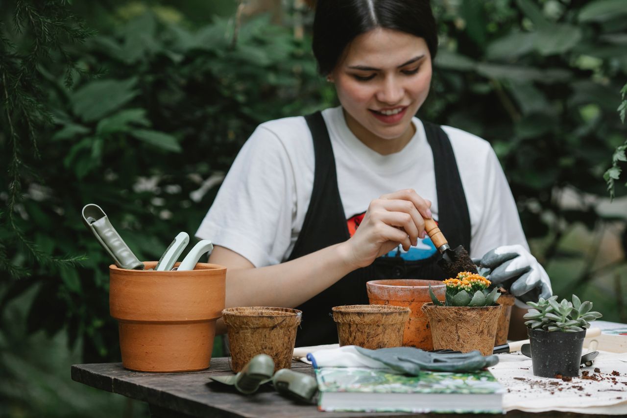 Positive female gardener in gloves with shovel planting flower in peat pot in garden